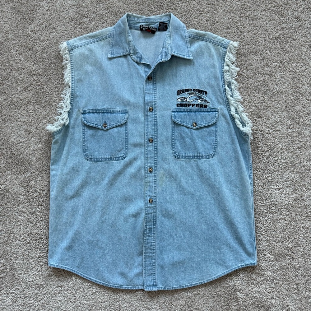 Vintage Orange County Choppers Denim Vest Large, Light Blue, Logo, Motorcycle